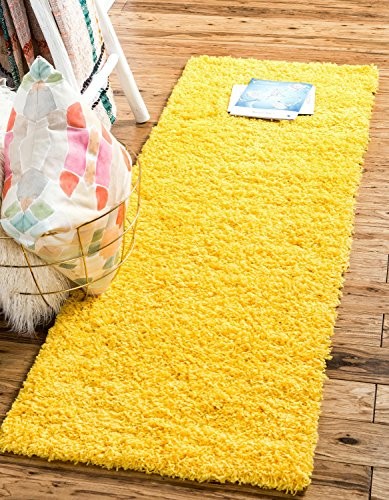 Unique Loom Solo Solid Shag Collection Modern Plush Tuscan Sun Yellow Runner Rug (2' 6 x 16' 5)