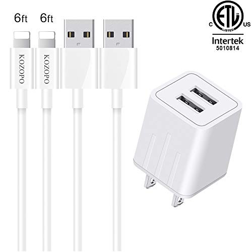 KOZOPO Phone Charger Durable USB Cable 6FT (2-Pack) Fast Charging Data Sync Transfer Cord with 2 Port Plug Travel Wall Charger Compatible with Phone X/8/7/Plus/6S/6/SE/5S/5C