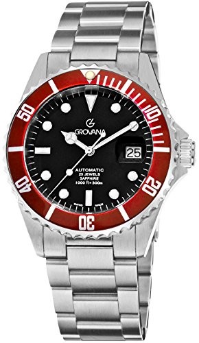 Grovana Diver Watch Automatic Swiss - Mens 42mm Analog Black Face with Second Hand and Date - Metal Band Stainless Steel Diving Watch - Sapphire Crystal Dive Watches for Men Waterproof 300M 1571.2136