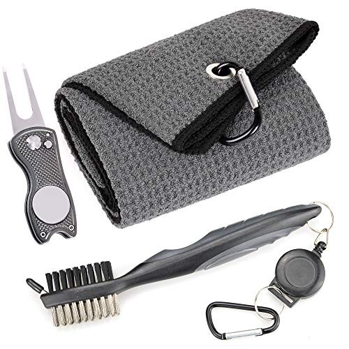 Mile High Life Microfiber Waffle Pattern Golf Towel | Club Groove Cleaner Brush | Foldable Divot Tool with Magnetic Ball Marker (Dark Gray Towel/Brush/Fish Divot)