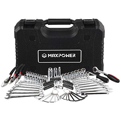 MAXPOWER 124-Piece Mechanics Tool Set, 1/4"&3/8" Dr Sockets, Universal Joint, Adapter, Extension Bar, Spinner Handle, Ratchet Handle, Spark Plug, Bits, Pliers and Combination Wrenches