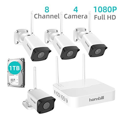 Security Camera System Wireless,Hornbill 8 Channel 1080P Outdoor Home WiFi Security Surveillance Camera System,4pcs 1080P IP Security Camera and 1TB Hard Drive Installed No Monthly Fee