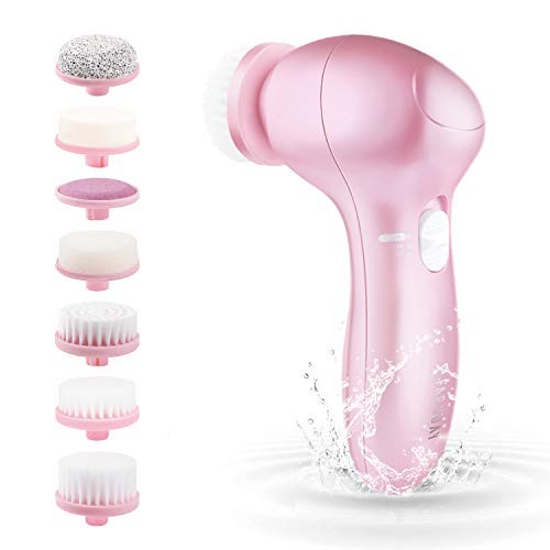 Electric Facial Cleansing Brush 7 in 1, Skin Spin face Brush for Deep Cleaning, Gentle Exfoliating, Blackhead Removing, Pearl Pink, Battery Operated