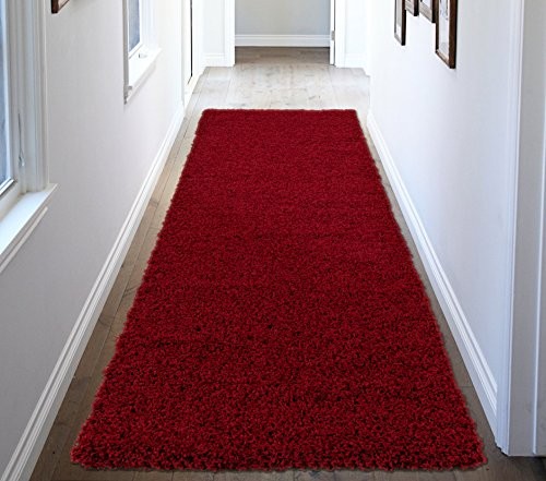 Ottomanson Soft Cozy Color Solid Shag Runner Rug Contemporary Hallway and Kitchen Shag Runner Rug, Red, 2'7"L X 8'0"W