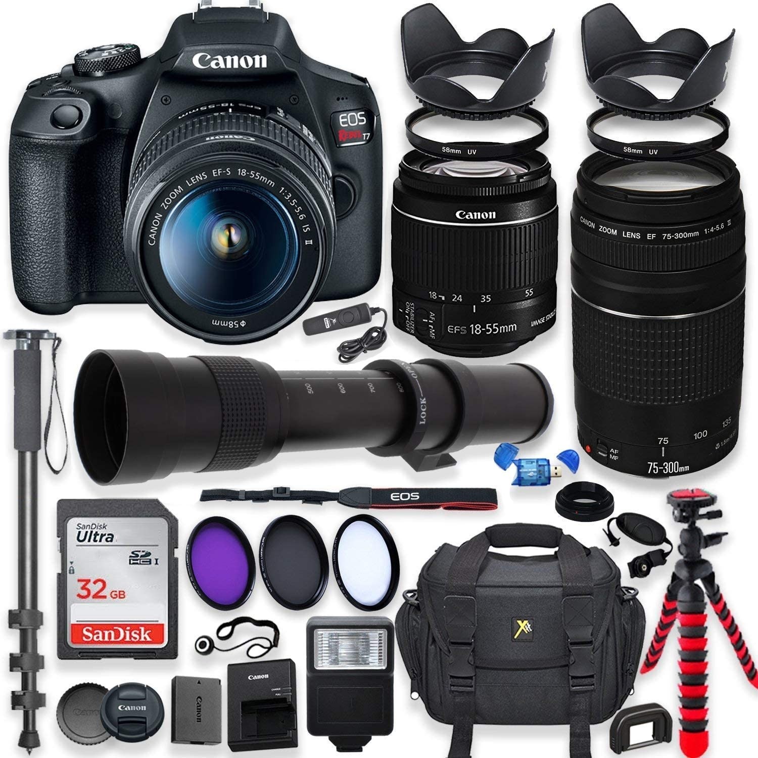 Canon EOS Rebel T7 DSLR Camera with 18-55mm is II Lens Bundle + Canon EF 75-300mm III Lens & 420-800mm Preset Telephoto Zoom Lens + 32GB Memory + Filters + Spider Tripod + Professional Bundle 