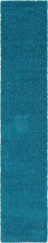 Unique Loom Solo Solid Shag Collection Modern Plush Deep Aqua Blue Runner Rug (2' 6 x 13' 0)