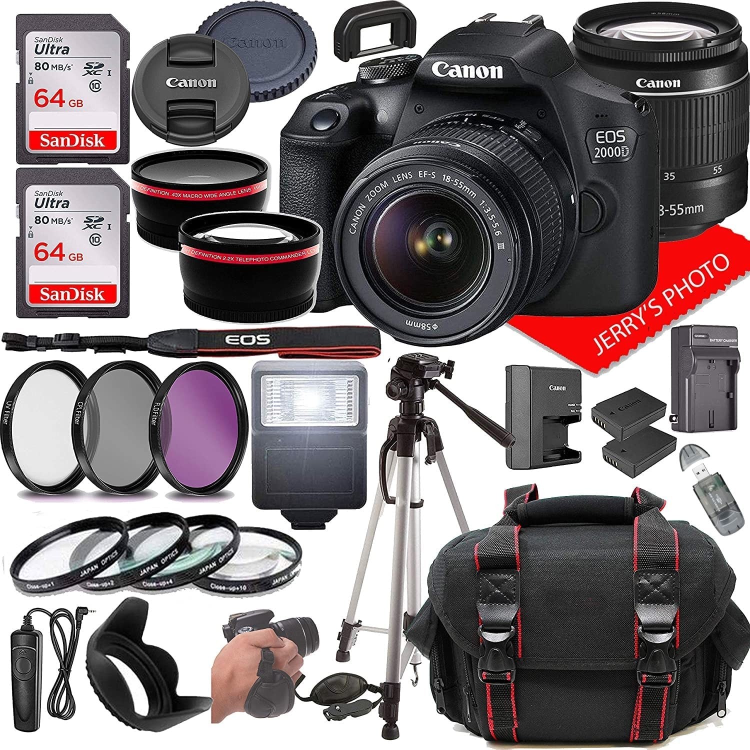 Canon EOS 2000D (Rebel T7) DSLR Camera w/Canon EF-S 18-55mm F/3.5-5.6 Zoom Lens + Case + 128GB Memory (28pc Bundle) 
