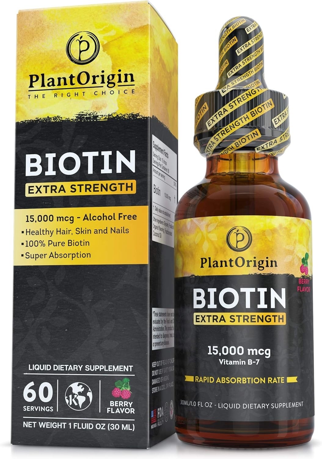 PLANTORIGIN Extra-Strength 15000mcg Biotin Liquid Vitamin Drops - Supports Hair Growth, Glowing Skin & Strong Nails, Alcohol-Free & Kosher, Berry Flavor - 5X Better Absorption, 60 Servings