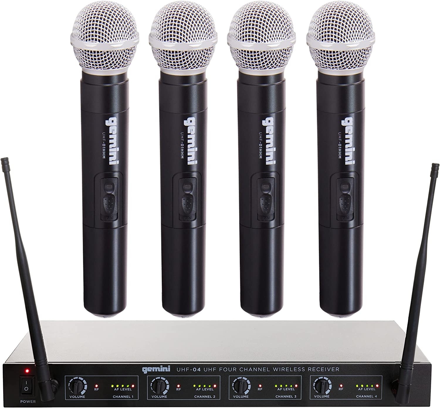 Gemini Sound UHF-04M Wireless Cordless Professional Set of 4 Handheld Microphones and Receiver for DJ, Karaoke, Stage Performance or PA System Four Pack 