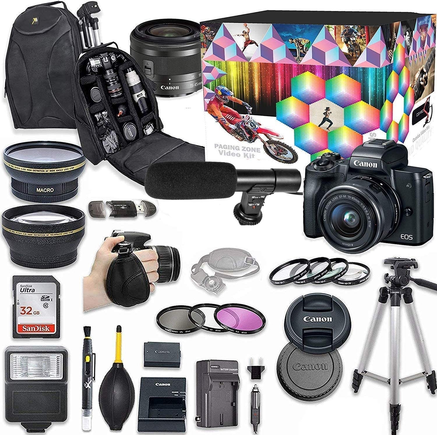 Canon EOS M50 Mirrorless Digital Camera with 15-45mm Lens Kit (Black) + Wide Angle Lens + 2X Telephoto Lens + Flash + SanDisk 32GB SD Memory Card + Video Accessory Bundle 