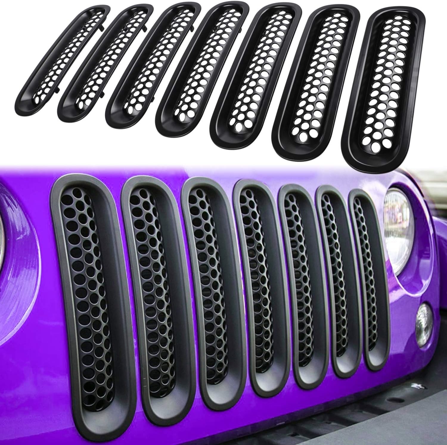 7PCS Front Grill Mesh Inserts for Jeep Wrangler JK JKU Sport Freedom Rubicon Sahara Unlimited 2007-2018 Exterior Accessories Clip-in Grille Guard Cover Trim (Matte Black)