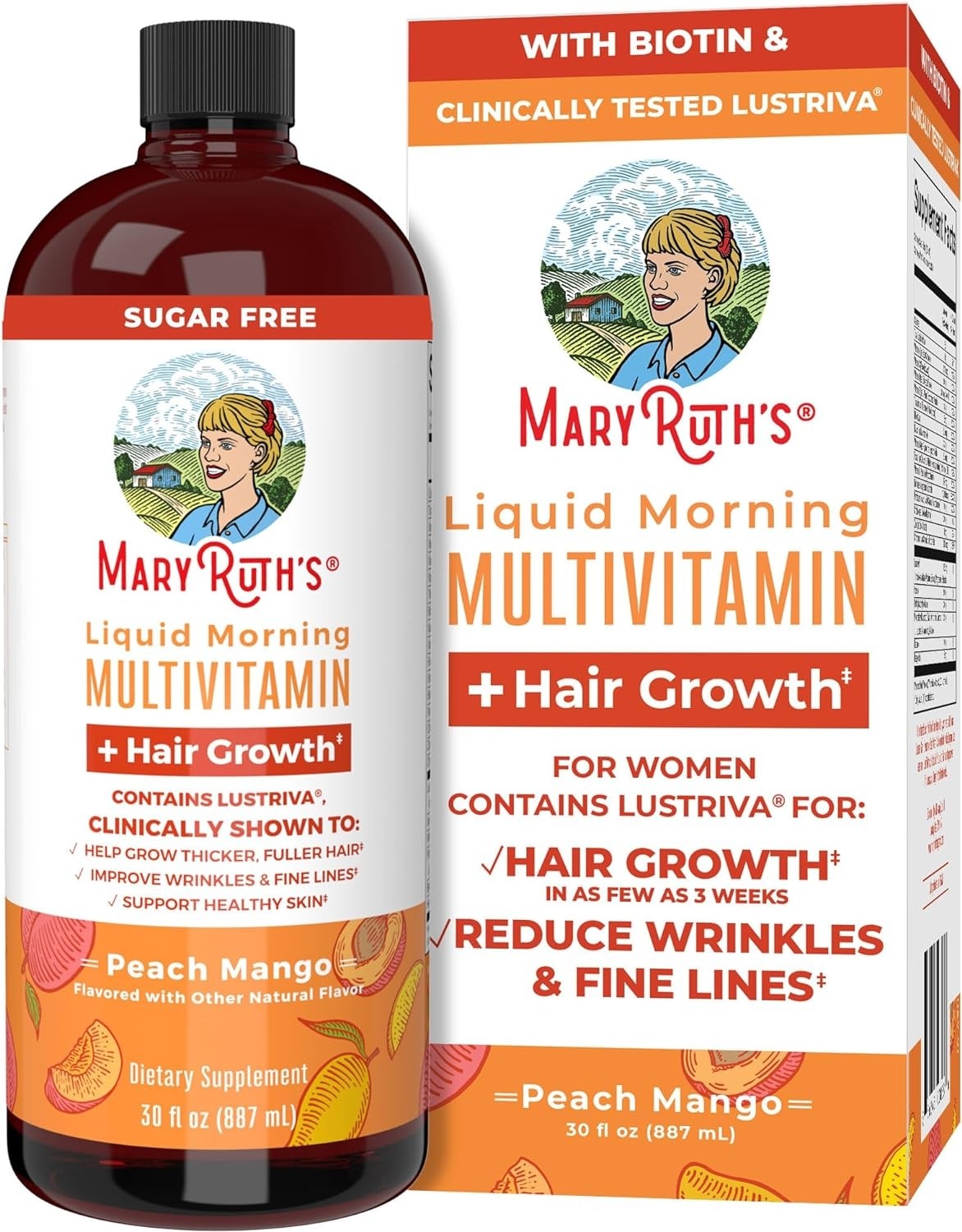 MaryRuth's Liquid Multivitamin + Lustriva® Hair Growth Vitamins | Biotin 10000mcg | Vitamin D | Clinically Tested for Thicker Hair, Wrinkles, Fine Lines, Skin Care | Ages 18+ | 30 Fl Oz