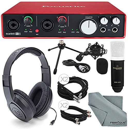 Focusrite Scarlett 6i6 USB Audio Interface and Deluxe Accessory bundle with Samsun Stereo Headphones + Marantz Professional MPM 1000 Large-Diaphragm Condenser Microphone + Shockmount + More