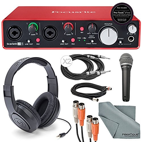 Focusrite Scarlett 2i4 USB Audio Interface and Deluxe Accessory Bundle with MIDI Cable + XLR Cable + 2 ¼” Cables + Samson Headphone + Samson Microphone + FiberTique Cleaning Cloth