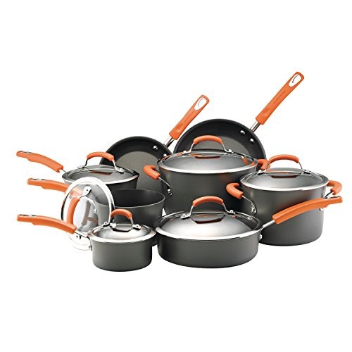 Rachael Ray Hard-Anodized Nonstick 14-Piece Cookware Set, Gray with Orange Handles - 87000