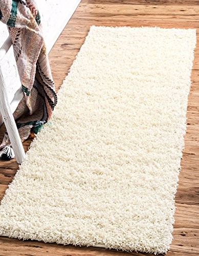 Unique Loom Solo Solid Shag Collection Modern Plush Pure Ivory Runner Rug (2' 6 x 16' 5)