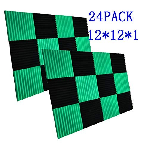 24 Pack- Black/Green Acoustic Panels Studio Foam Wedges 1" X 12" X 12" (24PCS, Black&Green)