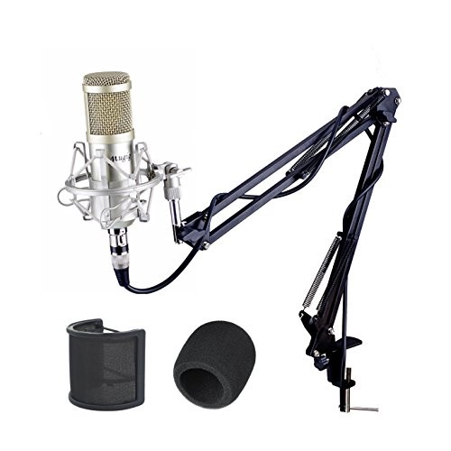 Mugig Condenser Microphone with Microphone Scissor Arm Stand/3.5mm XLR Cable/Shock Mount/Pop Filter for Professional Studio Recording Podcasting Broadcasting, Recording, Singing, Games