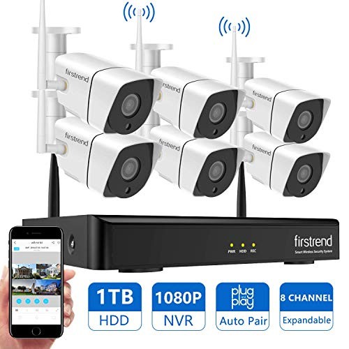 [Newest]Security Camera System Wireless, Firstrend 8CH 1080P Wireless Surveillance NVR System and Easy Remote Home Monitoring Systems with 6pcs 1MP Video Home Security Cameras 1TB Hard Drive Installed