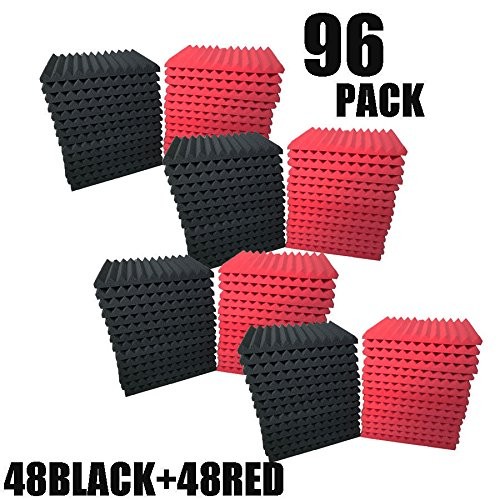 96 Pack BLACK Acoustic Foam Panel Wedge Studio Soundproofing Wall Tiles 12" X 12" X 1" (96BLACK/RED)