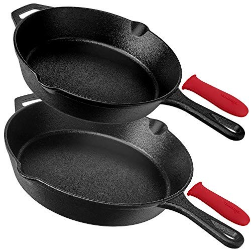 Pre-Seasoned Cast Iron Skillet 2-Piece Set (10-Inch and 12-Inch) Oven Safe Cookware - 2 Heat-Resistant Holders - Indoor and Outdoor Use - Grill, Stovetop, Induction Safe