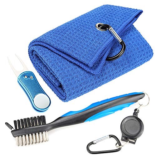 Mile High Life Microfiber Waffle Pattern Golf Towel | Club Groove Cleaner Brush | Foldable Divot Tool with Magnetic Ball Marker (Blue Towel/Brush/Bone Divot)