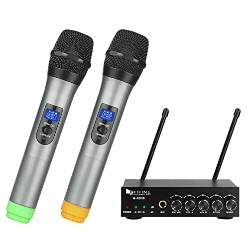 Fifine UHF Dual Channel Wireless Handheld Microphone, Easy-to-use Karaoke Wireless Microphone System-K036