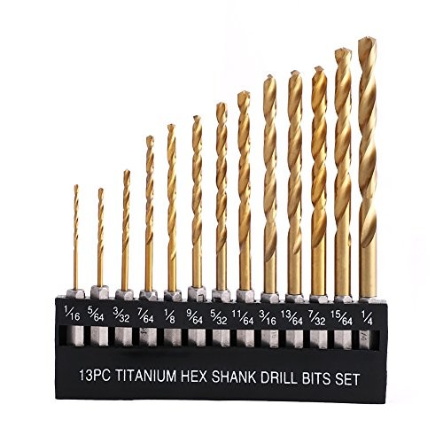 COMOWARE Titanium Twist Drill Bit Set - 13 Pcs Hex Shank High Speed Steel for Wood Plastic Aluminum Alloy, Quick Change, 1/16"-1/4"