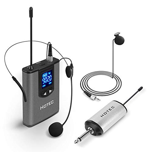 Hotec UHF Wireless Headset Microphone/Lavalier Lapel Mic with Bodypack Transmitter and Mini Rechargeable Receiver 1/4" Output, for Live Performances, Support Phone