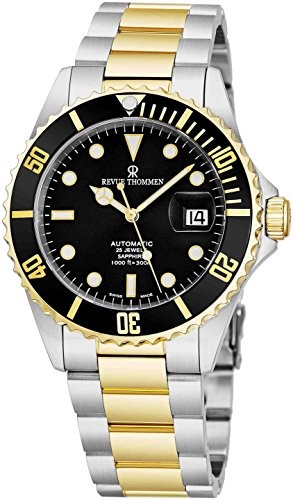 Revue Thommen Mens Diver Watch Automatic Sapphire Crystal - Analog Black Face Two Tone Metal Band Stainless Steel Dive Watch Swiss Made - Scuba Diving Watches for Men Waterproof 300 Meters 17571.2147