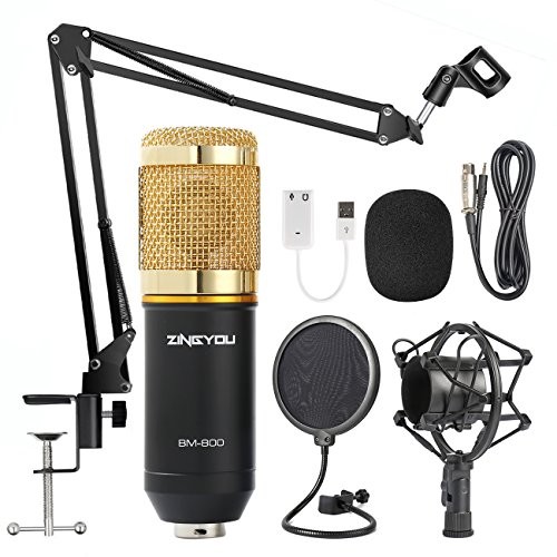 ZINGYOU Condenser Microphone Bundle, BM-800 Mic Kit with Adjustable Mic Suspension Scissor Arm, Metal Shock Mount and Double-layer Pop Filter for Studio Recording & Broadcasting (Gold)