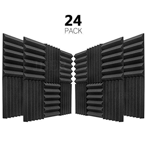 JBER 24 Pack Charcoal Acoustic Panels Studio Foam Wedges Fireproof Soundproof Padding Wall Panels 2" X 12" X 12"