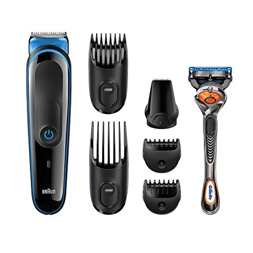 All-in-One Beard Trimmer for Men by Braun, MGK3045, 7-in-1 Precision Trimmer for Beard and Hair Styling, Detail Trimmer Attachment, 2 Beard Styling Combs, with Gillette ProGlide Razor, Black/Blue