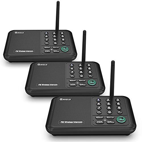 Qniglo Wireless Intercom System 10 Channel 1/2 Mile Long Range FM Wireless Intercoms for Home, Office, Business (3 Stations, Black)