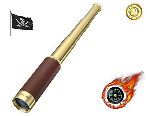 Laupha Retro Pirate Telescope Zoomable 25x30 Pocket Monocular Portable Collapsible Waterproof Captain Jack's Spyglass Handheld Telescope Vintage Telescope for Kids With Rudder Compass