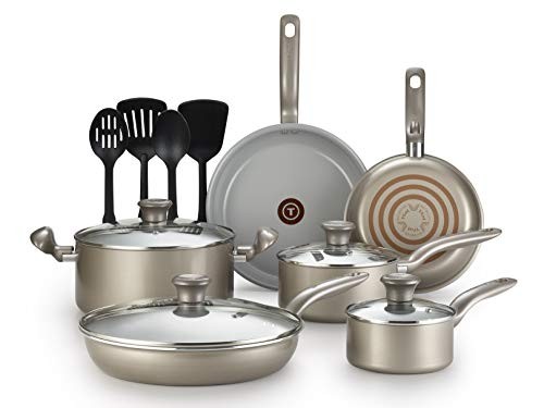 T-fal G919SE64 Initiatives Ceramic Nonstick Dishwasher Safe Toxic Free 14-Piece Cookware Set, Gold - 2100092706