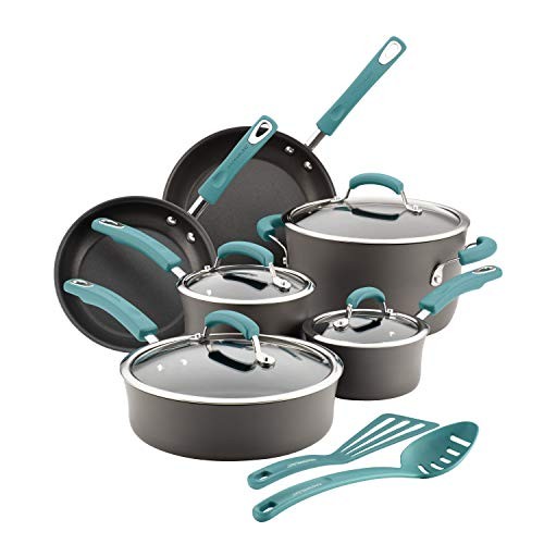 Rachael Ray Hard-Anodized Nonstick 12-Piece Cookware Set, Gray with Agave Blue Handles