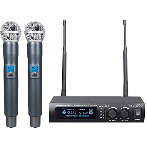 innopow Metal Dual UHF Wireless Microphone System,inp Metal Cordless Mic Set,Fixed Frequency,Long Distance 150-200Ft,16 Hours Continuous Use for Family Party,Church,Small Karaoke Night