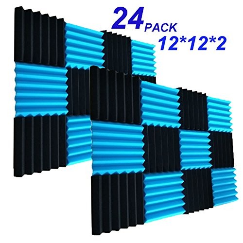 24 Pack Acoustic Foam Panels 2" X 12" X 12" Soundproofing Studio Foam Wedge Tiles Fireproof - Top Quality - Ideal for Home & Studio Sound Insulation (24PCS, Black&Blue)