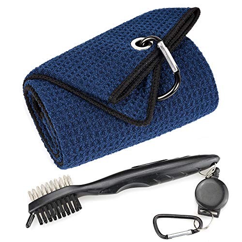 Mile High Life Microfiber Waffle Pattern Tri-fold Golf Towel | Brush Tool Kit with Club Groove Cleaner, Retractable Extension Cord and Clip (Navy Towel+Black Brush)