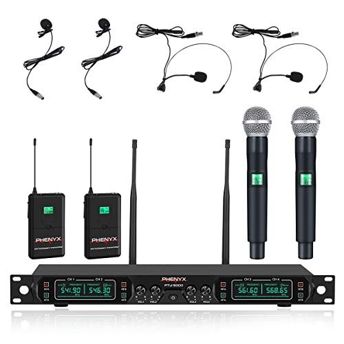 Phenyx Pro 4-Channel UHF Wireless Microphone System, Cordless Mic Set with Handheld/Lapel/Headset/Bodypack, Rugged Metal Build, Fixed Frequency, Long Range, Ideal for Karaoke,Church,Events(PTU-5000C)