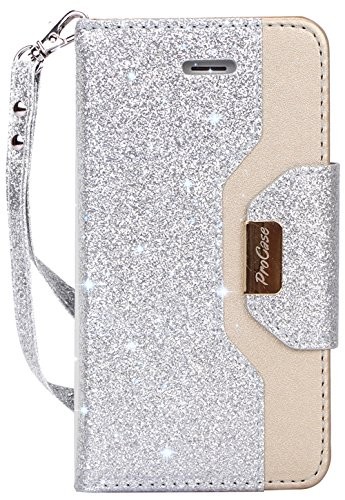 iPhone SE / 5S Case Cover, ProCase Wallet Flip Case, with Wristlet Strap, Build-in Card Slots and Mirror, Stylish Slim Stand Cover for Apple iPhone SE / 5S -Glittersilver