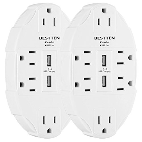 Bestten Spaced Outlet Wall Adapter Surge Protector with 2 USB Charging Ports (2.4A/Port, 3.1A Shared) and 6 AC Outlets, ETL Certified, [2 Pack]