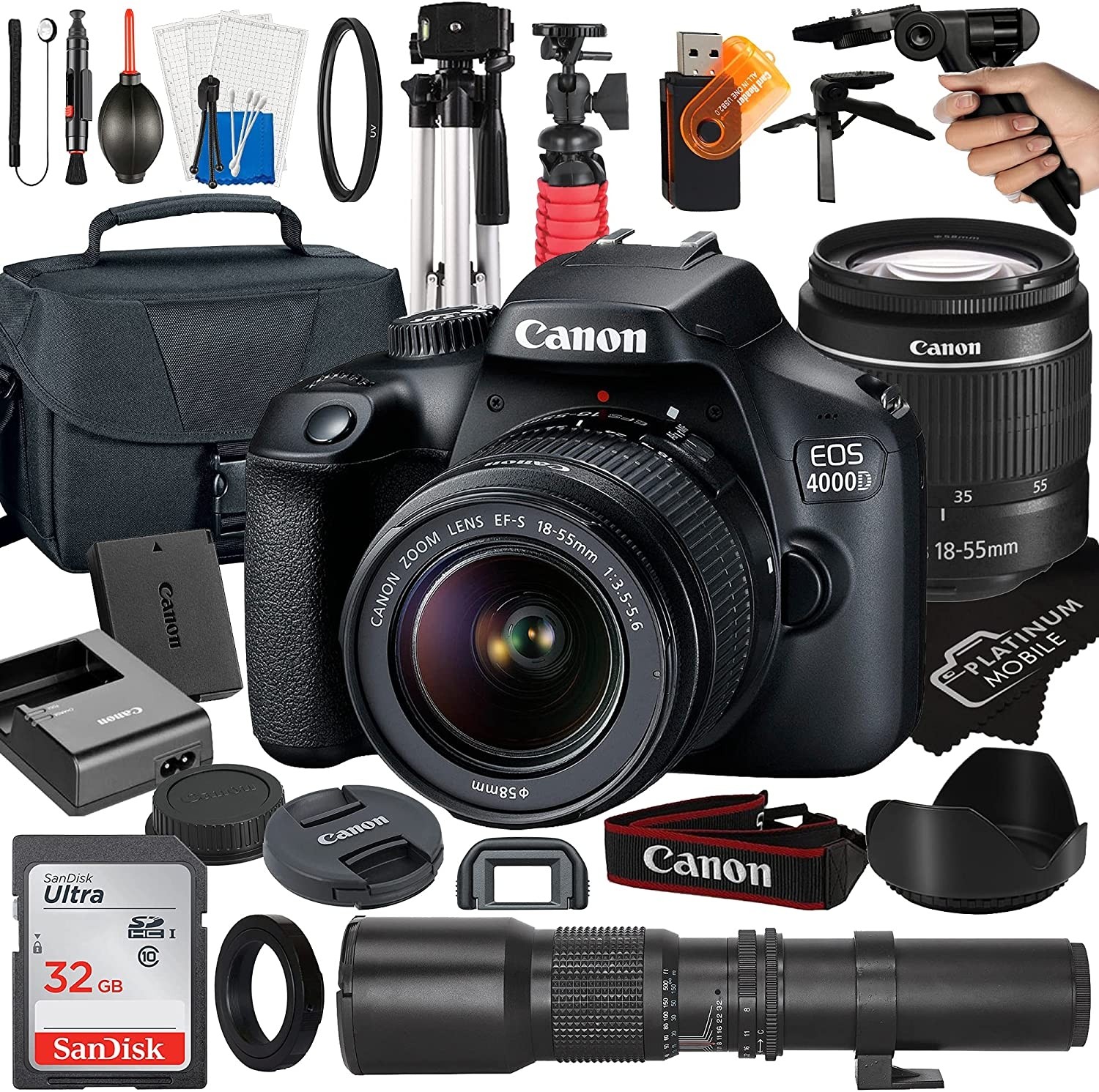 Canon EOS 4000D / Rebel T100 DSLR Camera with EF-S 18-55mm + 500mm Preset Manual Focus Lens + SanDisk 32GB Card + Tripod + Case + MegaAccessory Bundle (23pc Bundles)