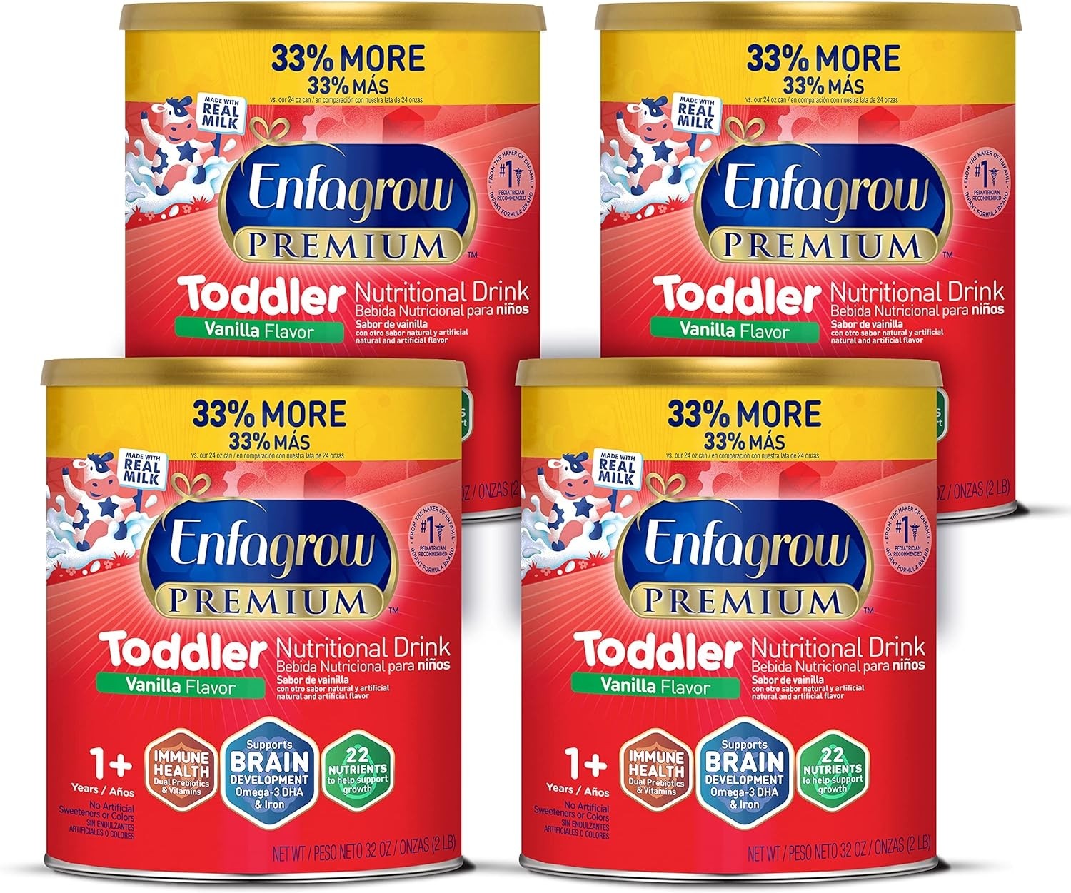 Enfagrow Premium Toddler Nutritional Drink, Vanilla Flavor, Omega-3 DHA for Brain Support, Prebiotics & Vitamins for Immune Health, Non-GMO, Powder Can, 32 Oz, Pack of 4
