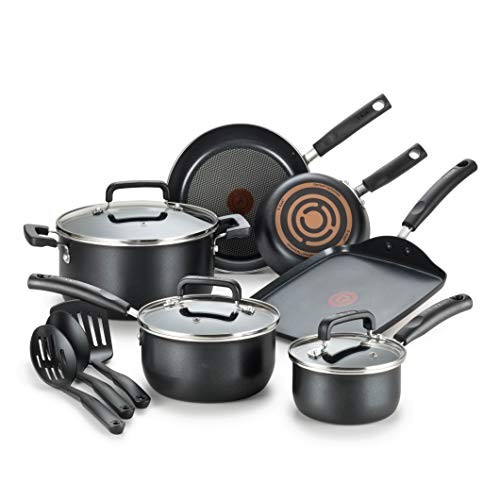 T-fal C530SC Signature Nonstick Dishwasher Safe Cookware Set, Nonstick Pots and Pans Set, Thermo-Spot Heat Indicator, 12 Piece, Black