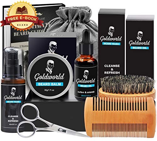 Beard Care & Grooming Kit w/Free Beard Wash/Shampoo, w/Unscented Beard Oil,Beard Balm,Beard Comb,Beard Brush,Beard Scissors,Storage Bag for Beard Care Growth by GoldWorld