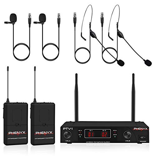 Wireless Microphone System, Phenyx Pro VHF Cordless Mic Set with 2