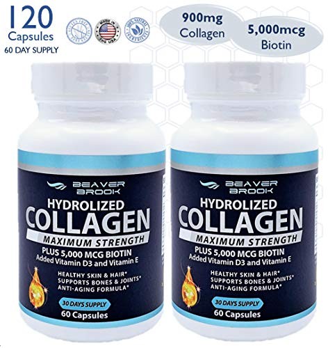 Beaver Brook Collagen Anti-Aging Formula Capsules Collagen 900mg + 5,000 mcg Biotin Promotes Healthy Hair, Skin, Nails, Joints, Tendons, Ligaments, and Bones; Non-GMO and Gluten-Free - 2 Pack