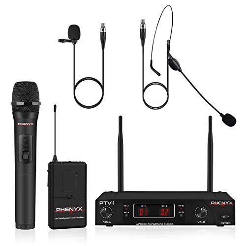 Wireless Microphone System, Phenyx Pro VHF Cordless Mic Set With 1 Handheld+1 Headset+1 Lapel+1 Bodypack, Stable Signal, Long Range, Best for Presentation, Interview, Church, Wedding,Events (PTV-1B)